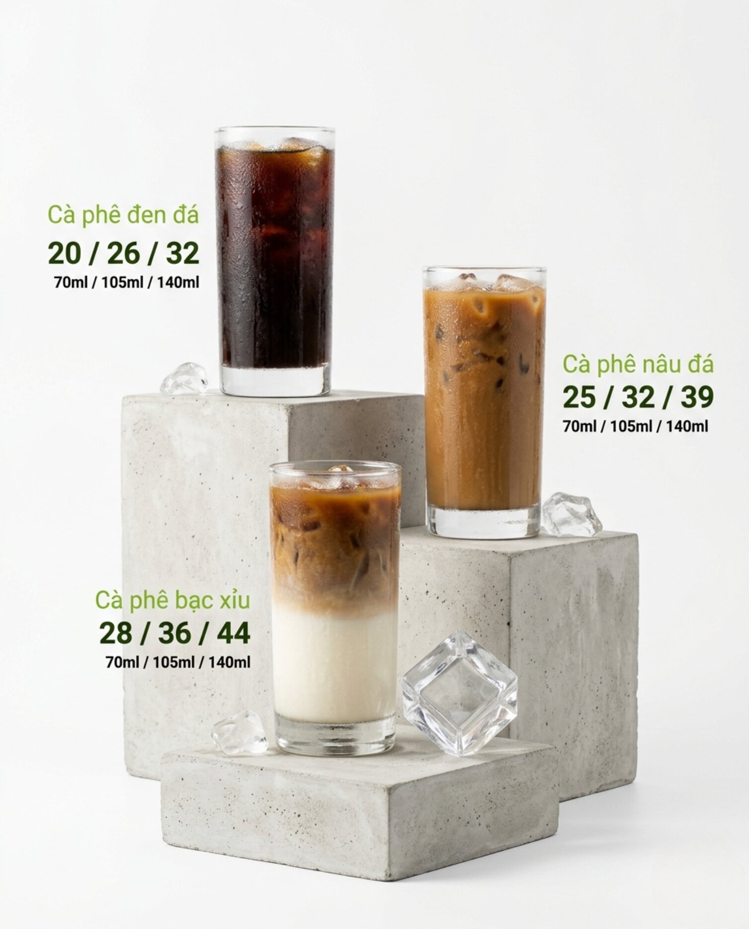 Cà phê đen đá, nâu đá, bạc xỉu