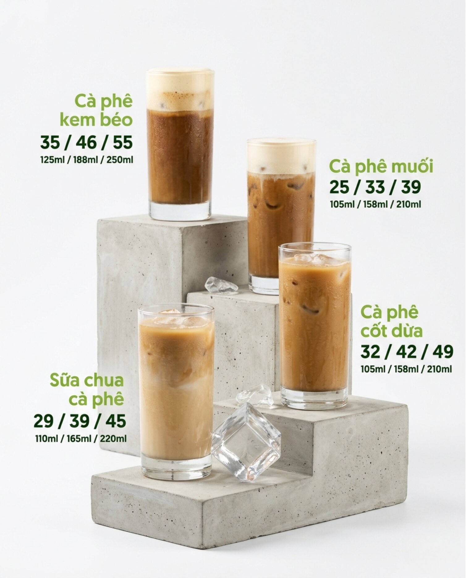 Cà phê kem béo, muối, cốt dừa, sữa chua